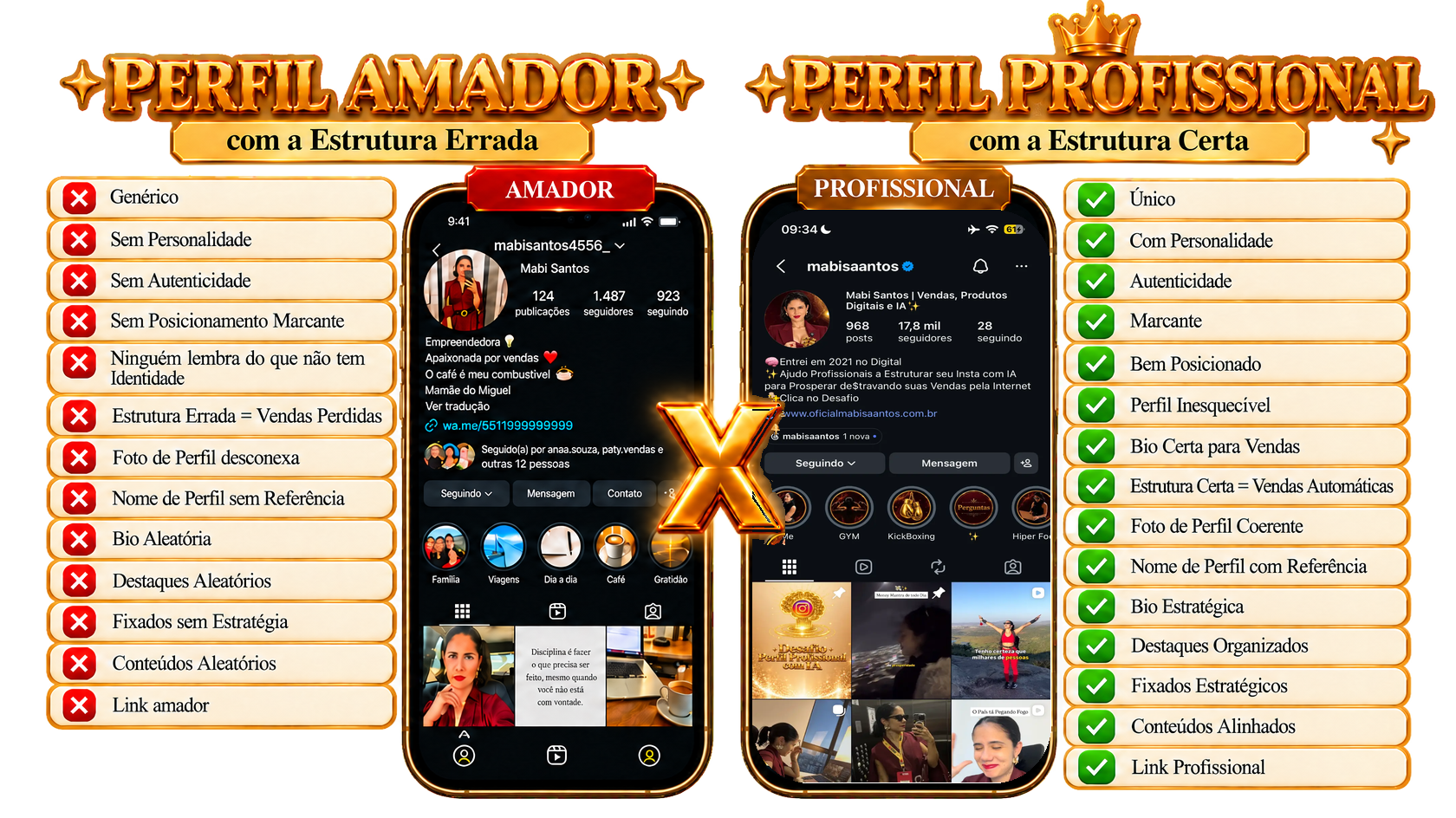 Comparativo entre um perfil amador com a estrutura errada e um perfil profissional com a estrutura certa